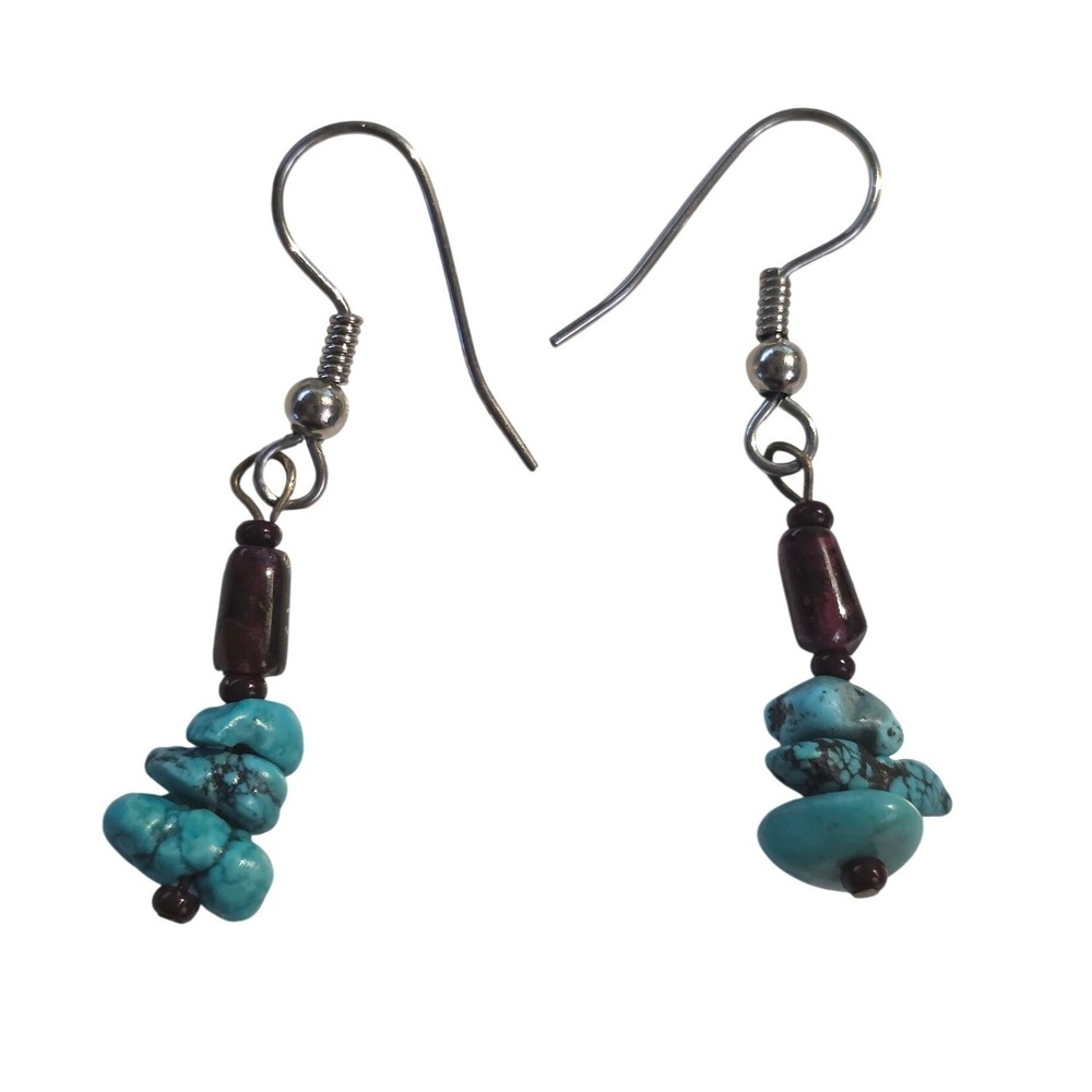 Handmade‎ Turquoise Beaded Dangle Drop Earrings 1" Boho
